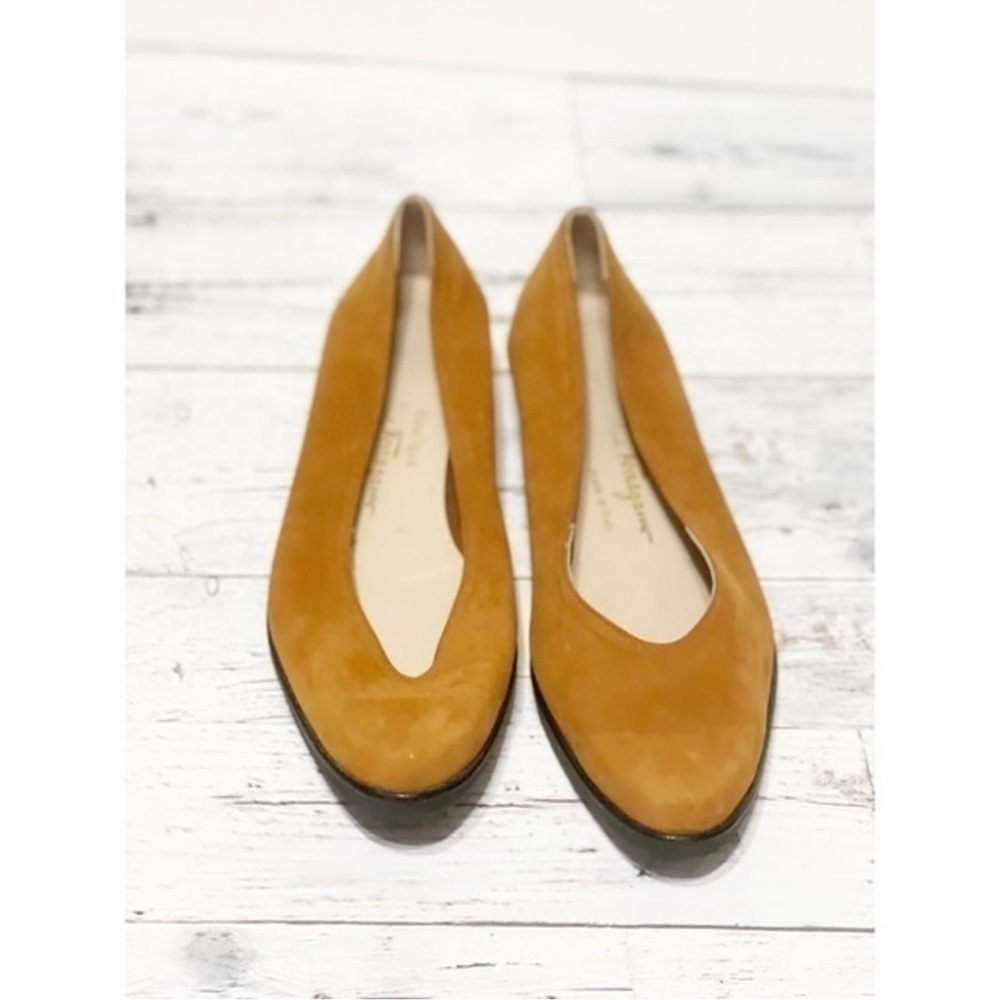 Salvatore Ferragamo Camel Color Suede Flats Sz 7.5 - Picture 5 of 7
